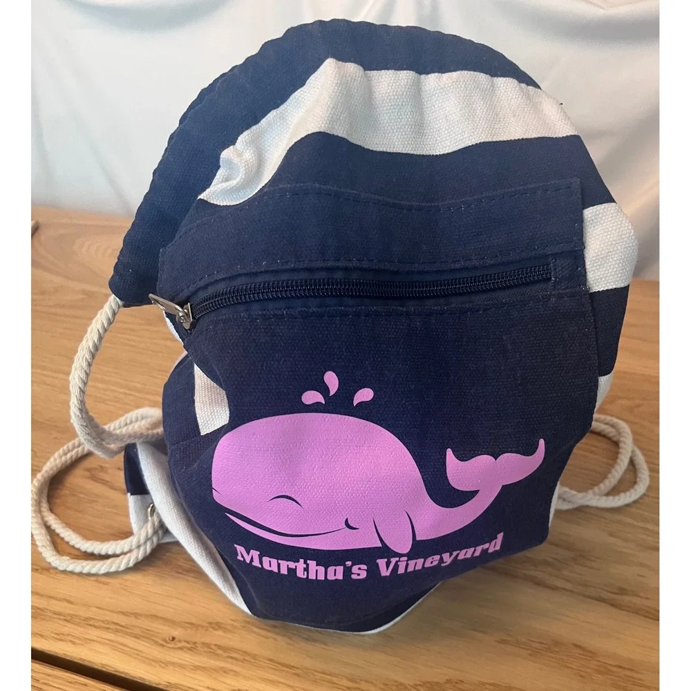 Martha's Vineyard Canvas Drawstring Backpack Navy White Striped Pink‎ Whale Bag